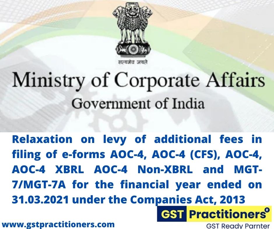 MCA issued circular on relaxation on levy of additional fees in filing of various annual Return forms.